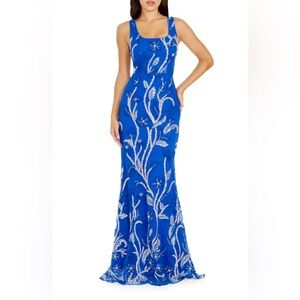 Dress the Population Blue Gown with Silver Embroidery